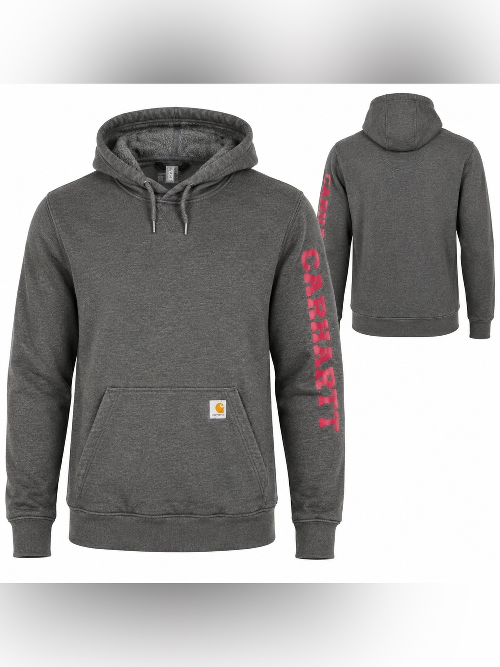 Carhartt Mens Small Charcoal Gray Hoodie Red Sleeve Logo Loose Fit